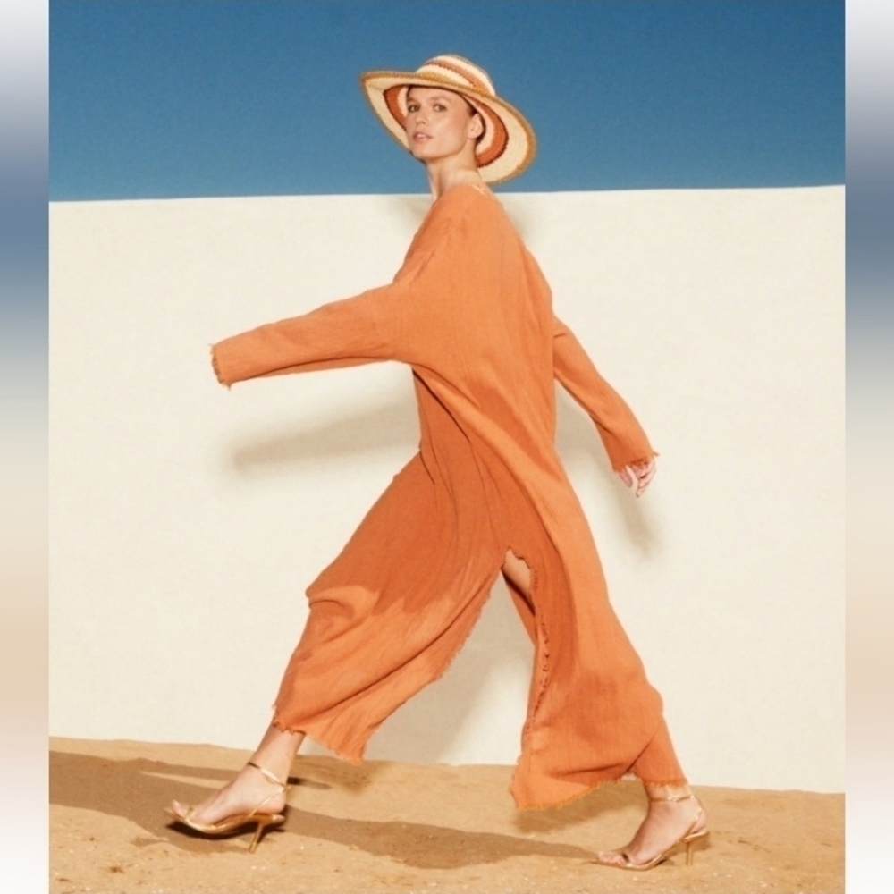 New Zara Muslin Crepe Cotton Blend Tan Kaftan Kimono Dress Swim Coverup Size M/L